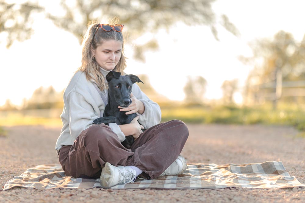 Chien dans les bras de sa maîtresse assise sur une couverture dans les rayons du soleil couchant