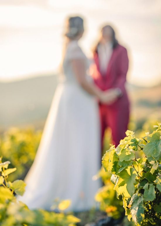 Plan large d'un couple enlacé et riant au milieu des vignes. La netteté est faite sur les feuilles de vigne devant eux, le couple est dans le flou d'arrière plan