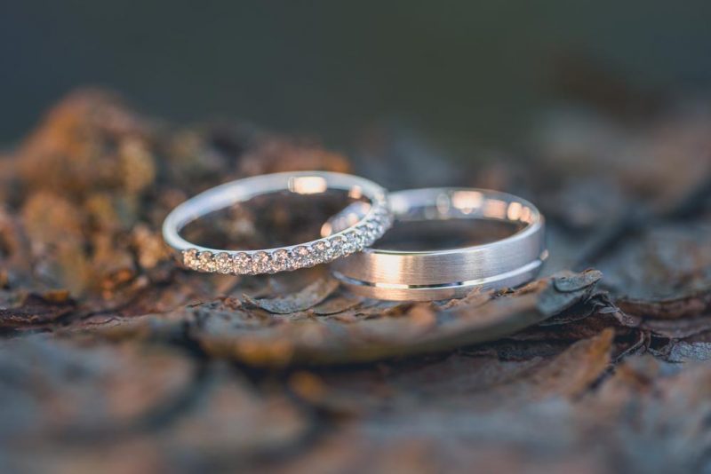 Photographie en plan serré des alliances posées sur un morceau de bois